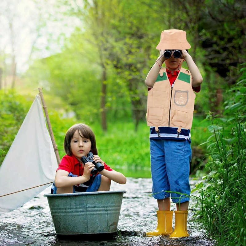 Outdoor Adventure Hat - サファリコスチューム、カーゴベストと帽子付き、男の子と女の子のための裏庭探検家ドレスアップ、公園のレンジャーごっこ遊び用アウトドアアドベンチャープレセット