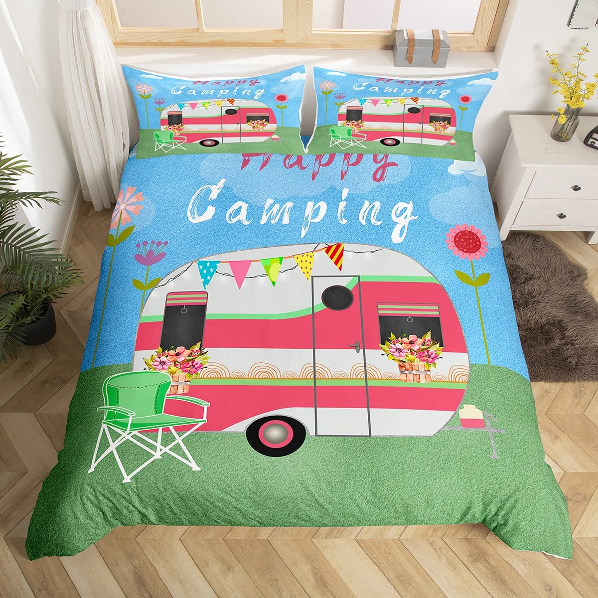Outdoor Adventure America - キャンプ用寝具セット,幸せなキャンプ用掛け布団カバー,植物,アウトドア旅行,冒険,青い空