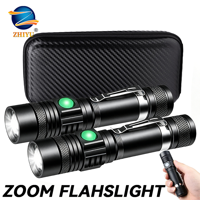 Outdoor Adventure Hiking - T6 LED 充電式懐中電灯、18650 ズーム可能なトーチ、キャップクランプ、ヘッドランプ、ペンクリップ、屋外キャンプ用ハンドヘルドワークライト