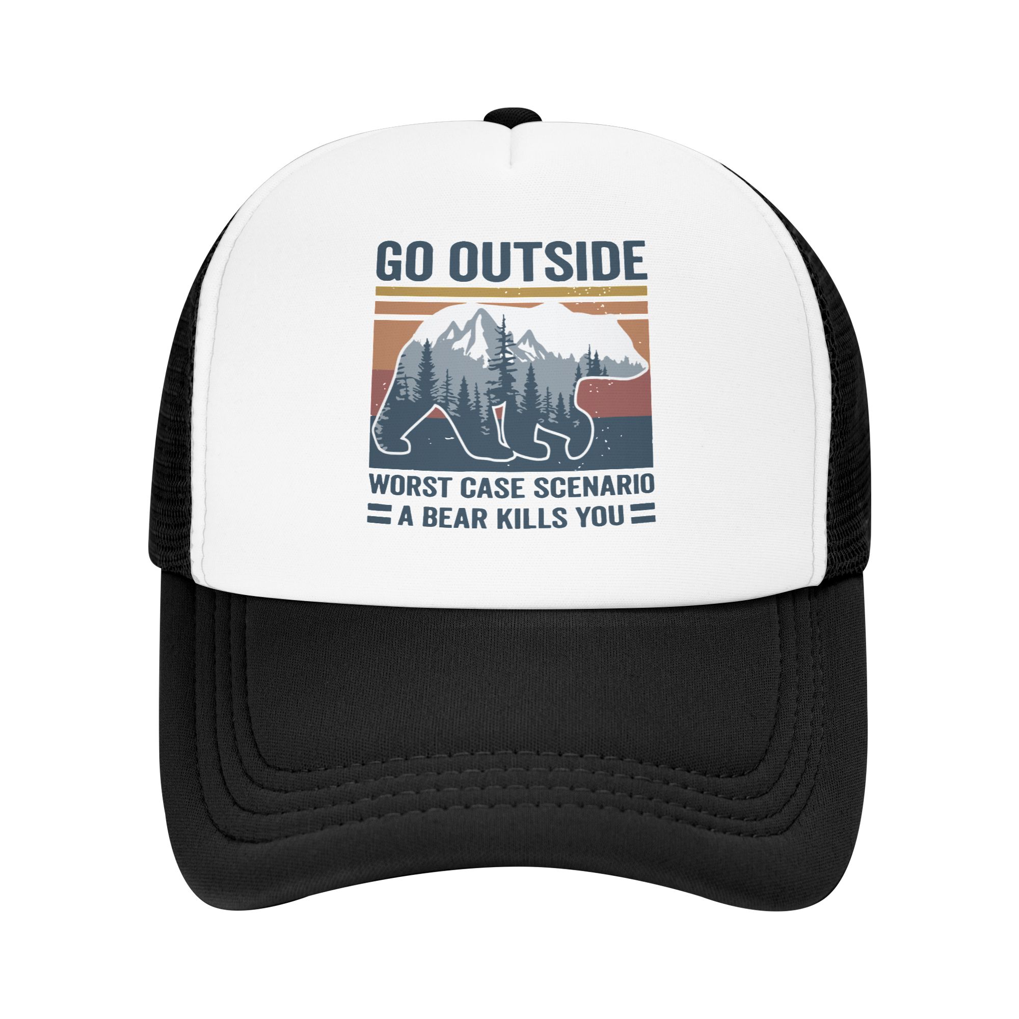 Outdoor Adventure Hat - 外に出て行こう 悪候の最悪の状況の場合、クマがあなたを殺す可能性がある トラッカーハット 調節可能な大人用アドベンチャーキャンプ野球帽 アウトドアダッドハット